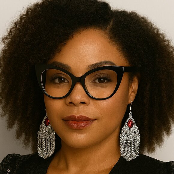 Red Gem Chandelier Earrings – Silver Filigree with Chain Fringe - Picture 2 of 3